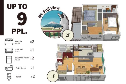 two different views of a apartment with a floor plan at Rabbit Inn in Fuji