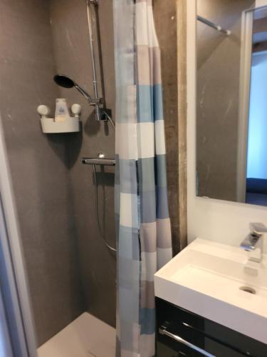 a bathroom with a shower curtain and a sink at Prins van Poederoijen in Poederoijen