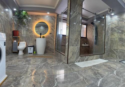 a bathroom with a shower and a toilet at Spa la casona de pirque in Pirque