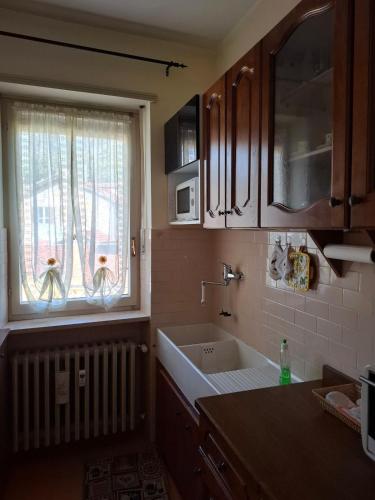 a kitchen with a sink and a window at Casa Camelia in Torre Pellice