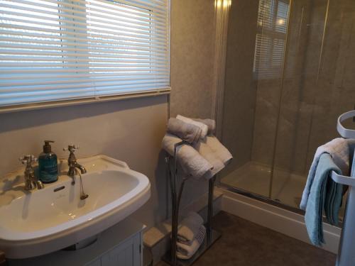 une salle de bain avec lavabo et douche dans l'établissement Faith Cottage, à Brampton