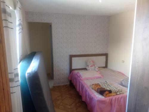 モンガグァーにあるcantinho da Renata monguaguaのベッドとテレビのある小さな寝室