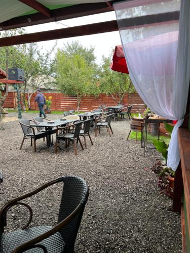 a group of tables and chairs in a patio at Cinema Villa Elena #1 in Dancu
