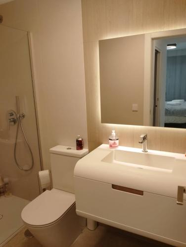 a bathroom with a toilet and a sink and a mirror at Iconic Zuza in Gran Alacant