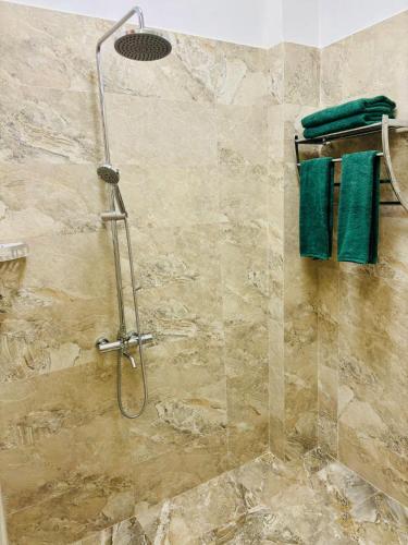 a bathroom with a shower with green towels at Dinewa Apartment in Aluthgama
