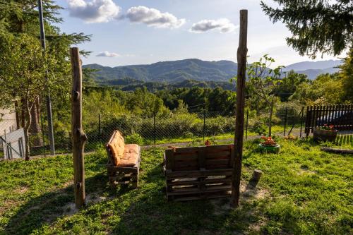 a couple of chairs sitting in the grass at A casa dei miei in Castelluccio