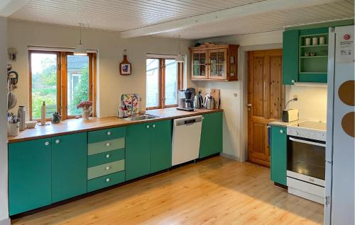 a kitchen with green cabinets and a wooden floor at 3 Bedroom Gorgeous Home In Søby Ærø in Soby Mark