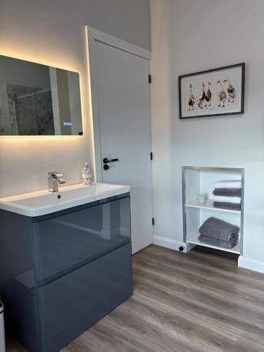 a bathroom with a blue sink and a mirror at The Waterboard House in Magherasaul