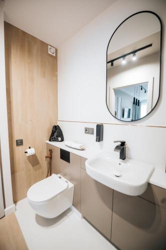 a bathroom with a toilet and a sink and a mirror at DG Apartamenty Bulwary-Apartament Sombrero Verde in Mielec