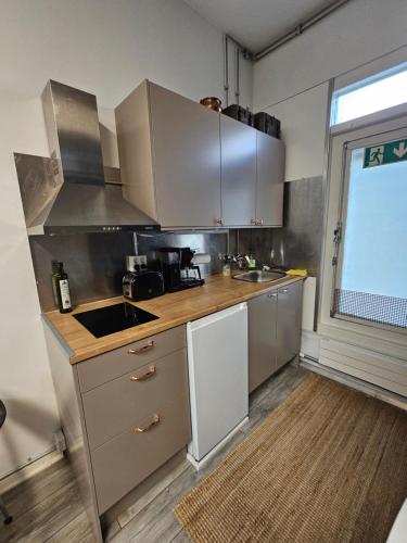a kitchen with stainless steel appliances and a window at Loft style big studio for 2-4 in Pikku Huopalahti in Helsinki