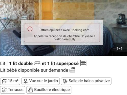 une capture d'écran d'un site Web avec un panneau indiquant une chambre dans l'établissement Odyssée-Auvergne, à Vallon-en-Sully