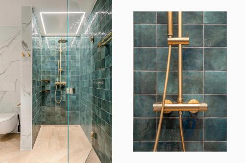 bagno con piastrelle verdi e doccia di The Gallery Penthouse by Paramount a Tromsø