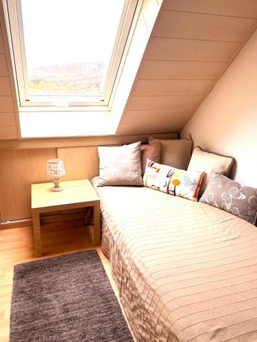 a bed in a small room with a window at Bohn-Ferienwohnungen in Mosbach