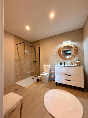 Un baño con ducha, inodoro y lavabo. en Casa Do Cruzeiro Apartment, en Armamar