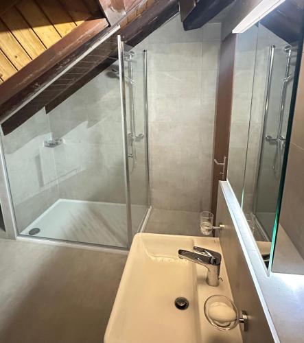 a bathroom with a sink and a shower at appartement confortable en centre ville in Montreux