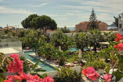 アリラスにあるMaro Apartments Arillas Corfuのプール、ヤシの木と花のあるリゾート