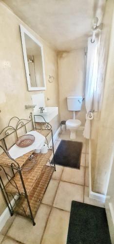 a bathroom with a toilet and a sink and a mirror at Oh so Heavenly in Cape Town