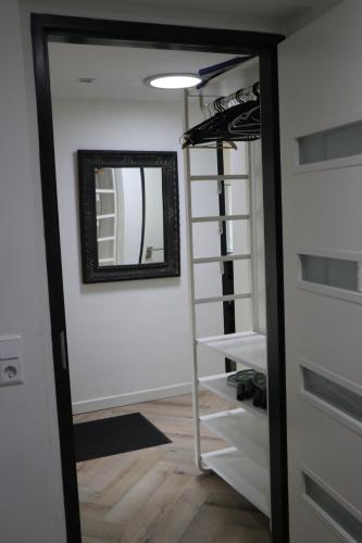 a door leading into a room with a mirror at Natuurhuisje Vechtdal Bungalow met privé sauna zwemmeer en houthaard in Vilsteren