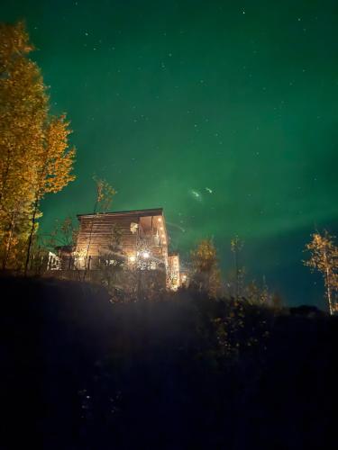 a house under a green sky at night at Modern and cozy fjord view cabin in Kjerrvika