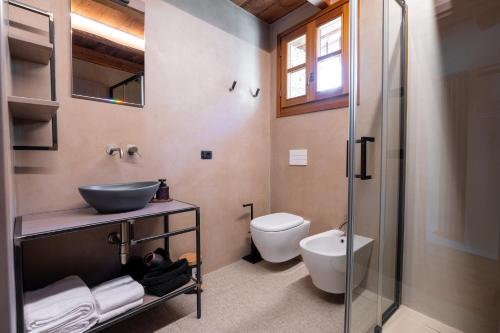 ein Badezimmer mit Waschbecken, Toilette und Dusche in der Unterkunft La Corte del Glicine in Villa di Tirano