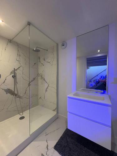 a bathroom with a walk in shower and a blue drawer at Le Gambetta suite in Dunkerque