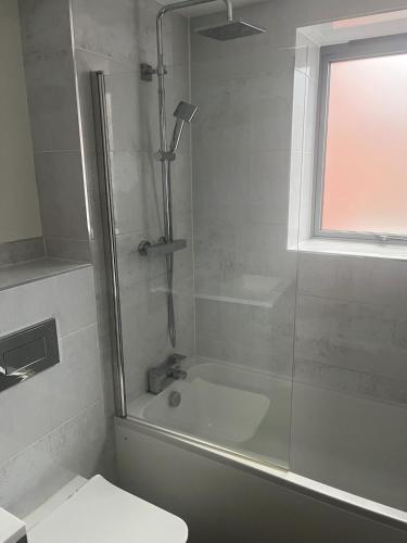 a bathroom with a shower and a toilet and a sink at Modern Flat in central Lichfield & secure parking in Lichfield