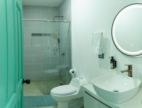 杰里科Loft Moderno junto al Monasterio de Jericó的浴室里有马桶、洗手池和镜子。