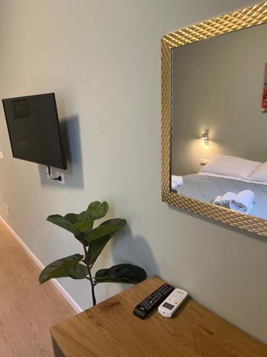 a mirror on a wall next to a table with a plant at Suite excelsior garden living in Parma