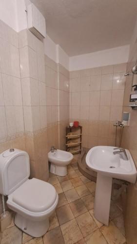 a bathroom with a toilet and a sink at Golem Green Retreat in Golem