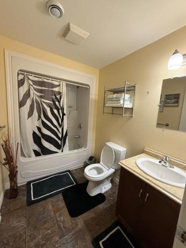 a bathroom with a toilet and a sink and a window at Home away from home in St. John's