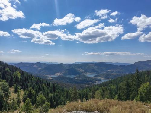a view from the top of a hill with trees and mountains at Cozy Cabin in Sekulić 