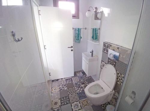 a small bathroom with a toilet and a shower at Трехкомнатные апартаменты в жилом комплексе Caesar Beach F14 Flat4 in Boğaz