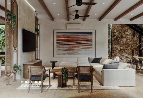 a living room with a couch and tables and chairs at Casa Nunc - New Home - 3 Minute Walk to the Beach in Nosara