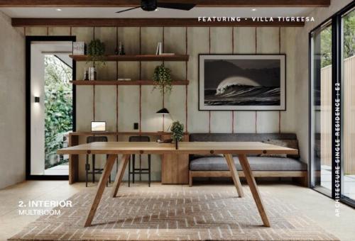 a living room with a table and a bench at Casa Nunc - New Home - 3 Minute Walk to the Beach in Nosara