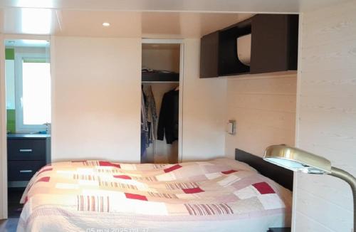 ein Schlafzimmer mit einem Bett mit einer Lampe und einem Schrank in der Unterkunft La Terrasse du Lac in Sainte-Gemme