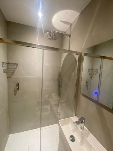 a bathroom with a shower and a sink at Newly Furnished, Ensuite Room with a Private Entrance in Colindale