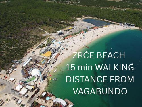 an image of a beach with the text race beach min walk from vaz at BUDGET RESORT Vagabundo in Novalja
