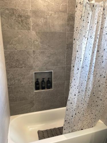 a bathroom with a bath tub with a shower curtain at Peace Haven Stay in Newark