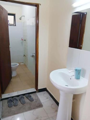 a bathroom with a sink and a shower and a toilet at Azuka Luxury in Mombasa