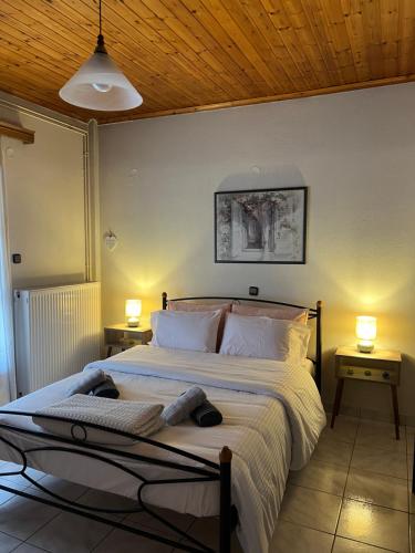 a bedroom with a large bed with two lamps at Kyparissos Home , Arachova in Arachova