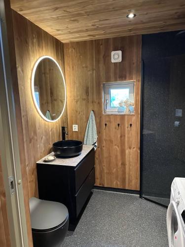 a bathroom with a sink and a toilet and a mirror at Architectural gem with fjord view in Holmedal