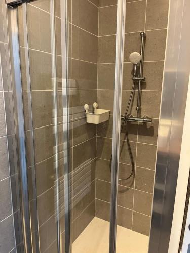 a shower with a glass door in a bathroom at Ampuis centre - Appartement indépendant in Ampuis