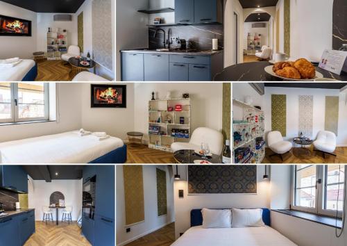 una stanza con armadi blu, un letto e una cucina di Prisma - Univers du jeux - BY PRIMO C0NCIERGERIE a Chagny