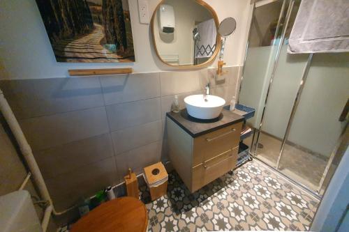 a bathroom with a sink and a mirror at Le Goëland, chambre d'hôtes, avec coin repas équipé, SDB privée, 20m2, jardin, piscine, vélos, proche mer in Les Lecques