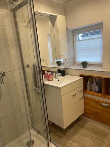 a bathroom with a sink and a shower at Ferienhaus an der Kaiserpfalz in Niederdorla