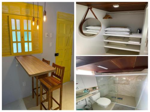La salle de bains est pourvue d'un lavabo, d'une table et de toilettes. dans l'établissement Casa Amarela em Cacha Pregos, à Vera Cruz de Itaparica