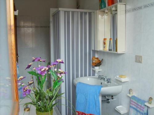 La salle de bains est pourvue d'un lavabo et d'une douche avec des fleurs violettes. dans l'établissement Casa Vacanze Trinacria, à Riposto