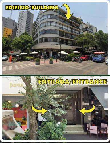 two pictures of a building with arrows pointing in different directions at Apartamentos Ejecutivos, Lujo y Confort en el corazon de Polanco in Mexico City