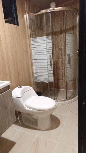 Un baño con inodoro y ducha de cristal. en El Encanto, las Dalias, en Tota