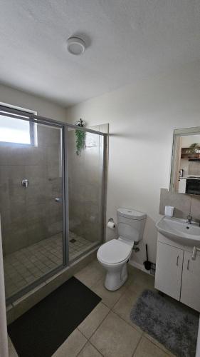 a bathroom with a shower and a toilet and a sink at Bliss Ballito 2 in Ballito